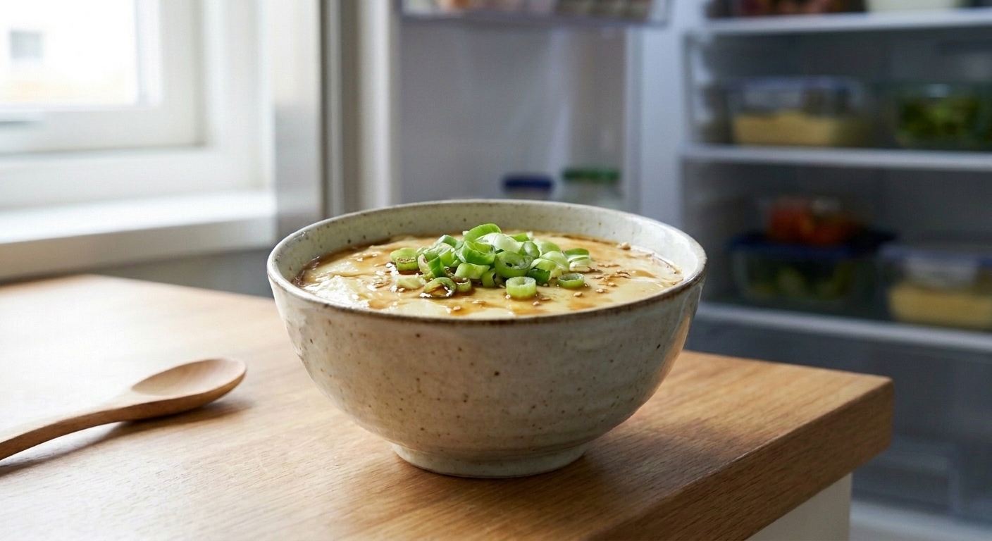 A single ceramic bowl of silky steamed egg custard on a wooden table, finished with soy sauce, sesame oil, and sliced scallions