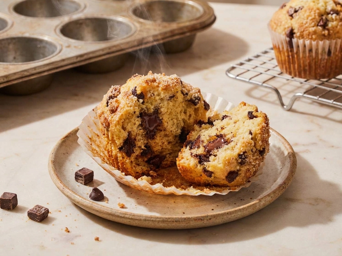 A single chocolate chunk muffin split open on a small plate showing a soft crumb and melted chocolate