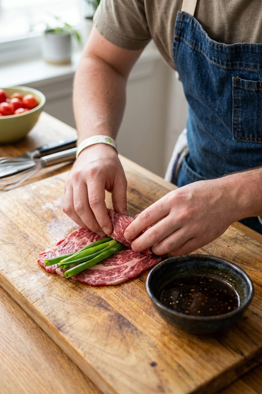A single close-up photograph of hands rolling blanched scallions inside thin-sliced beef on a wooden cutting board, with a small bowl of soy-mirin glaze nearby