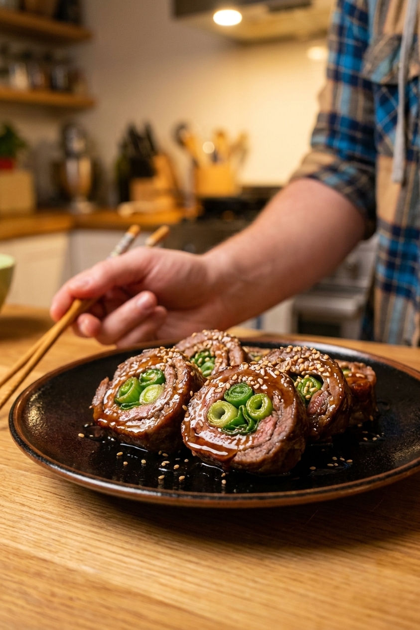 A single close-up photograph of sliced beef negimaki on a dark ceramic plate, showing glossy teriyaki-style glaze, bright green scallion centers, and a sprinkle of toasted sesame seeds, warm kitchen lighting