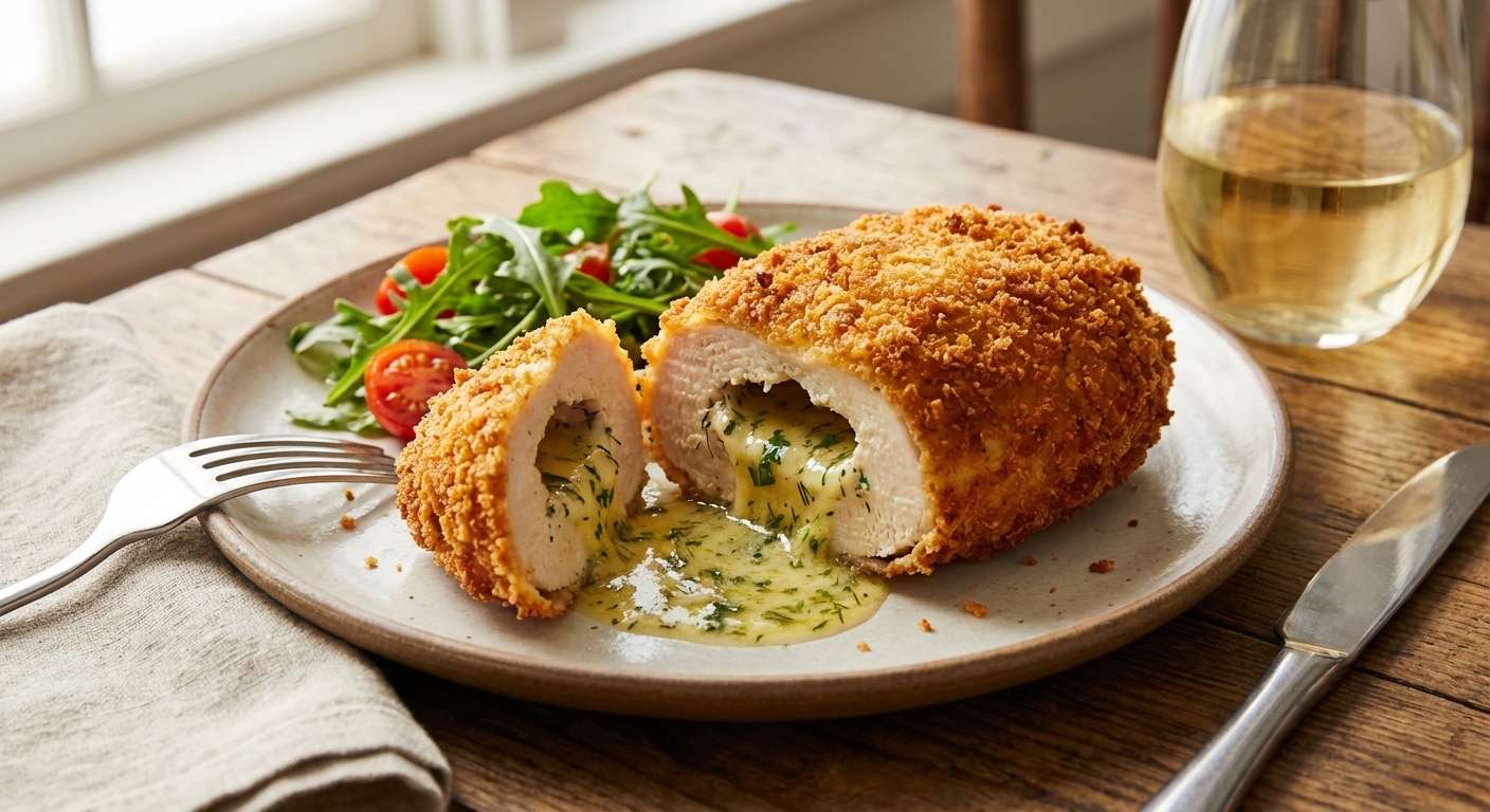 A single crispy Chicken Kiev on a plate with a clean slice opened to show melted herb garlic butter spilling out, golden breaded crust, and a simple dinner setting, real food photography style