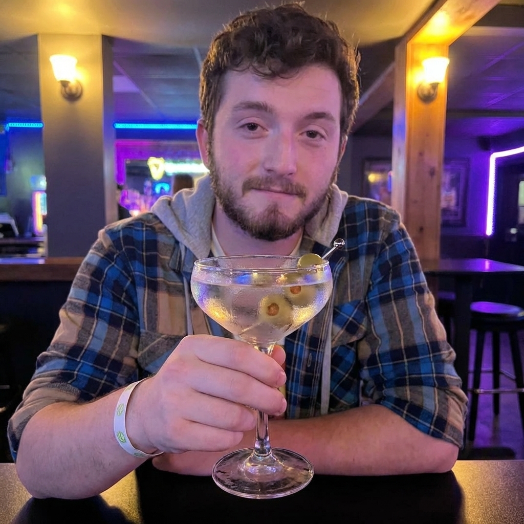 A single dirty martini in a chilled coupe glass with three green olives on a cocktail pick, condensation on the glass, warm bar lighting, realistic photography