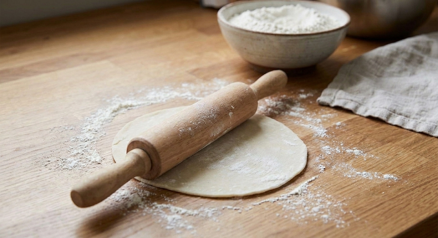 A single dumpling wrapper being rolled out with a small wooden rolling pin on a floured counter