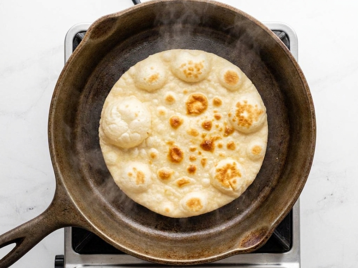 A single flatbread cooking in a hot cast iron skillet with visible bubbles and golden brown blistered spots forming