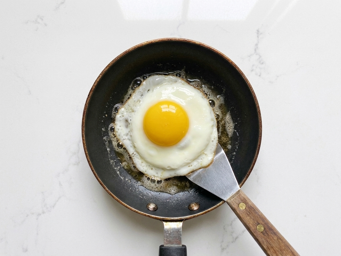 A single fried egg cooking in a small nonstick skillet with set whites and a glossy yolk