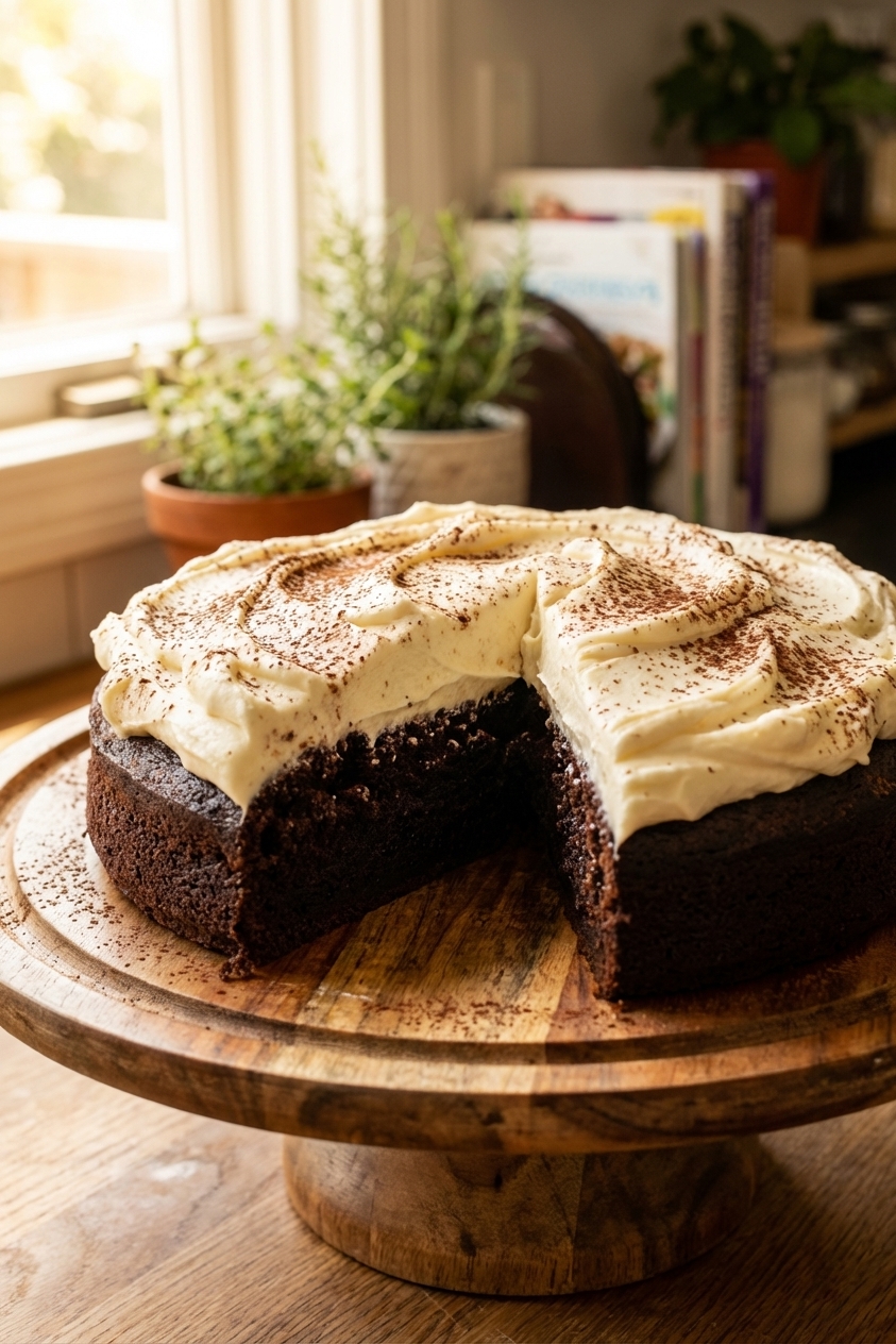 A single frosted Guinness chocolate cake on a rustic cake stand, topped with thick swirls of cream cheese frosting and a light dusting of cocoa powder, with a slice removed to show a dark fudgy crumb, warm kitchen window light, photorealistic food photography