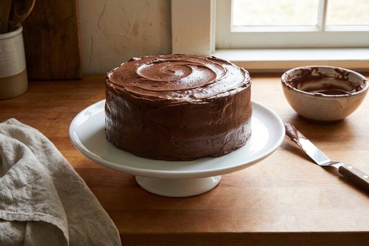 A single frosted chocolate layer cake on a white cake stand with glossy chocolate frosting and soft swirl marks, on a warm kitchen counter with natural window light