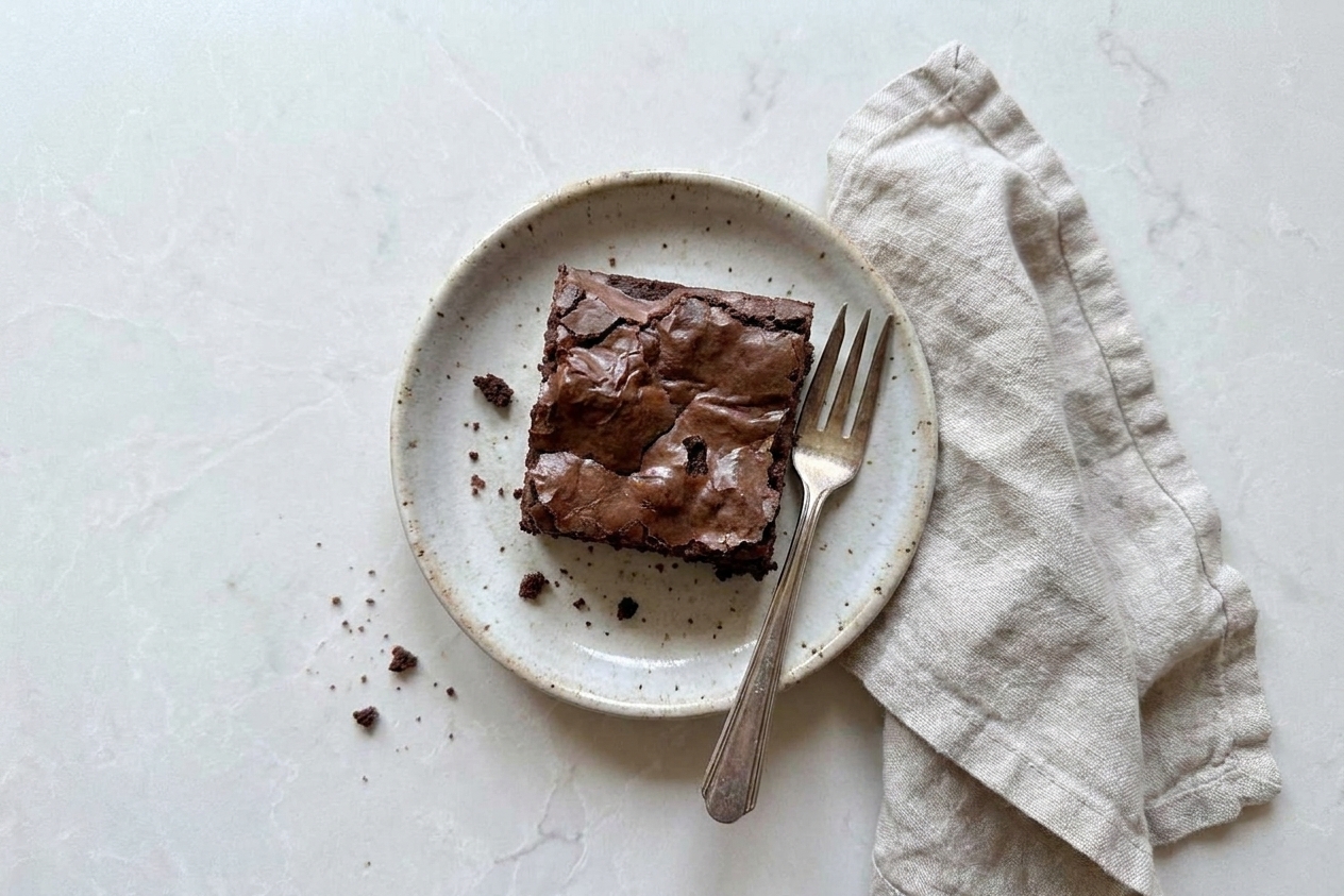 A single fudgy brownie square on a small ceramic plate on a simple table setting