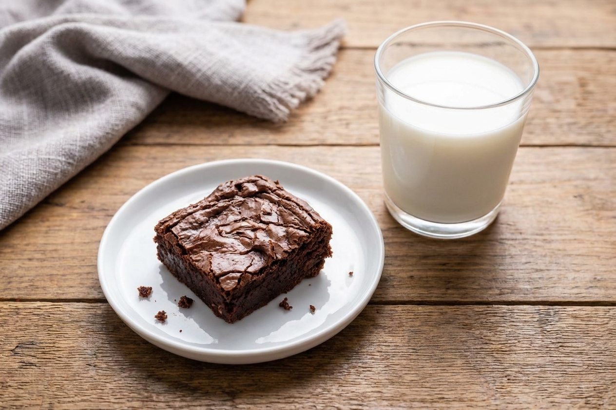 A single fudgy brownie square on a small plate with a glass of milk on a wooden table
