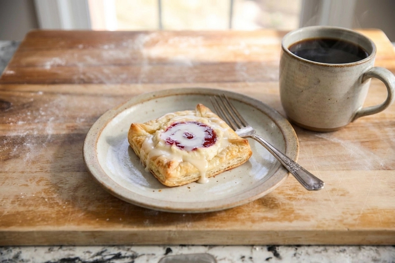 A single glazed cream cheese danish on a ceramic plate with a fork and a cup of coffee on a wooden breakfast table