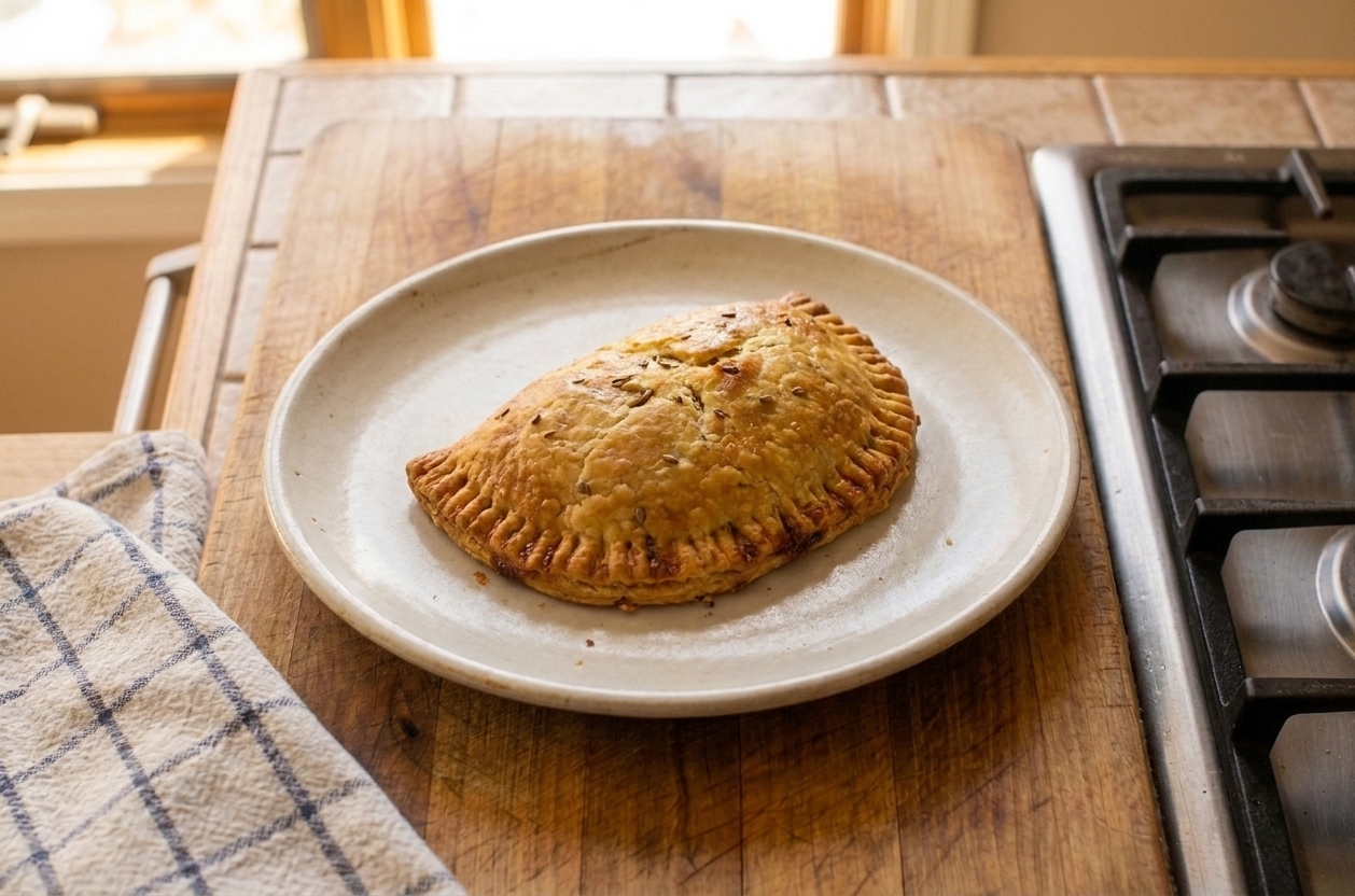 A single golden Jamaican beef patty on a simple ceramic plate with a flaky crust and crisp edges, set on a warm kitchen table with soft natural light