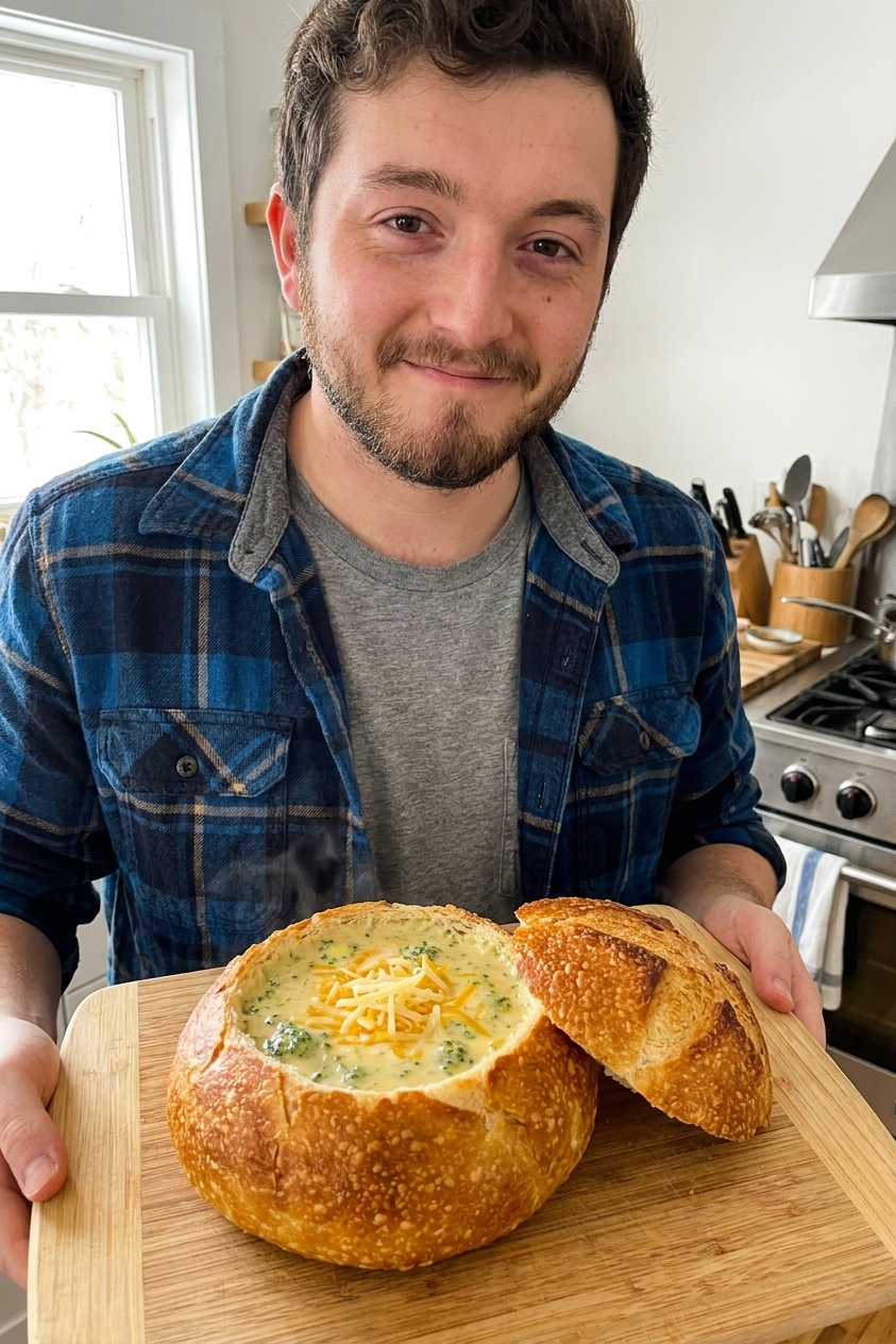 A single golden-brown homemade bread bowl on a wooden board, hollowed and filled with creamy broccoli cheddar soup, with a crisp cut lid resting beside it, natural kitchen light