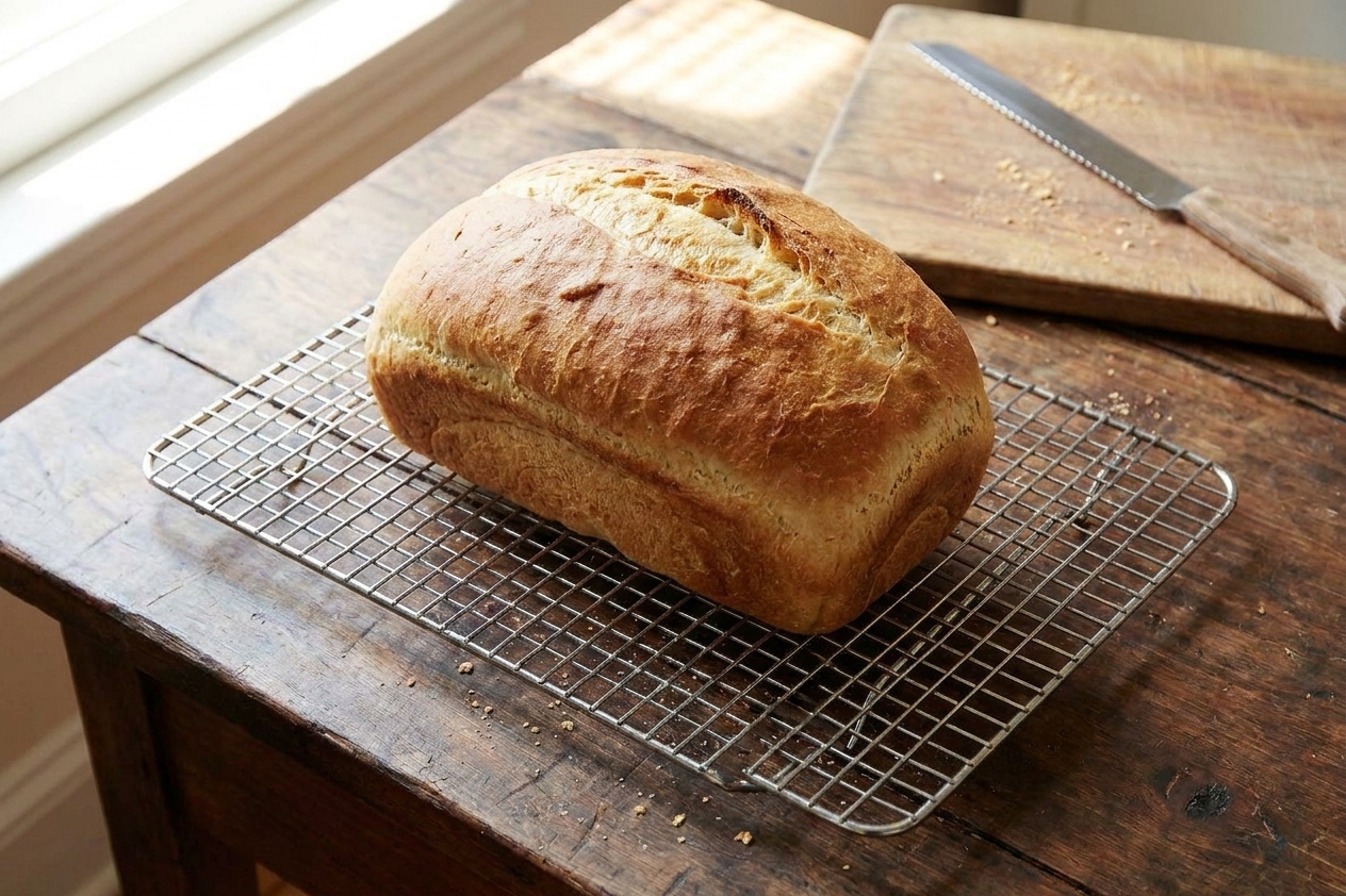 A single golden loaf of homemade yeast bread cooling on a wire rack on a warm, softly lit kitchen counter
