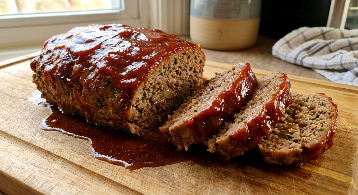 A single homemade meatloaf on a cutting board with a glossy ketchup glaze, sliced to show a juicy interior, with a small pool of pan juices beside it in warm kitchen lighting