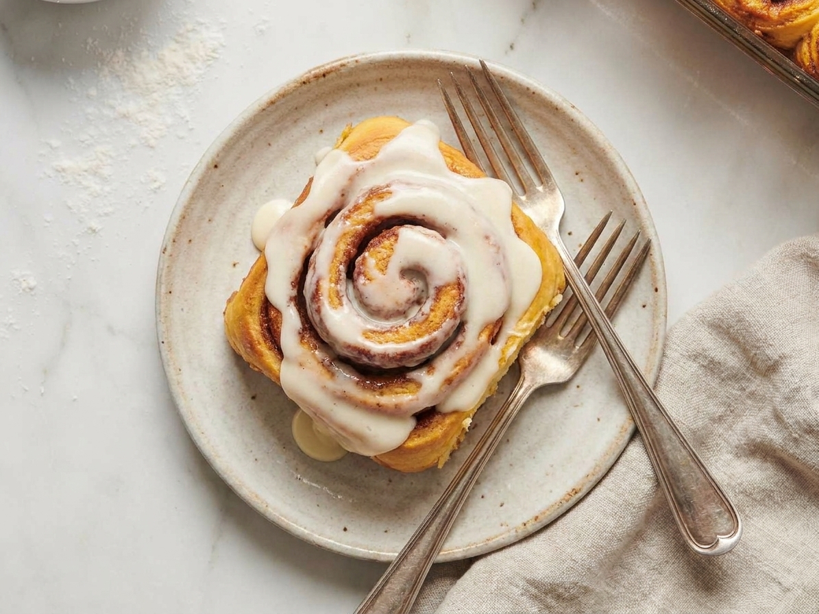 A single iced cinnamon bun on a small plate with a fork, gooey cinnamon layers visible and icing melting on top