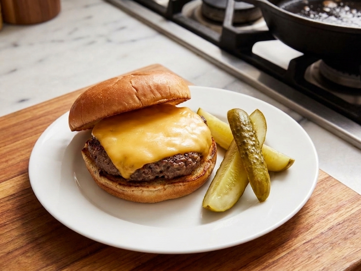 A single juicy cheeseburger with melted American cheese on a toasted bun, sitting on a plate next to pickles in warm kitchen lighting