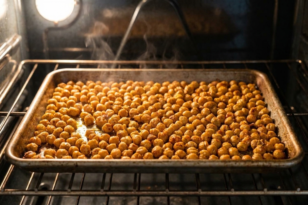 A single layer of chickpeas roasting on a sheet pan in an oven, with chickpeas starting to turn golden