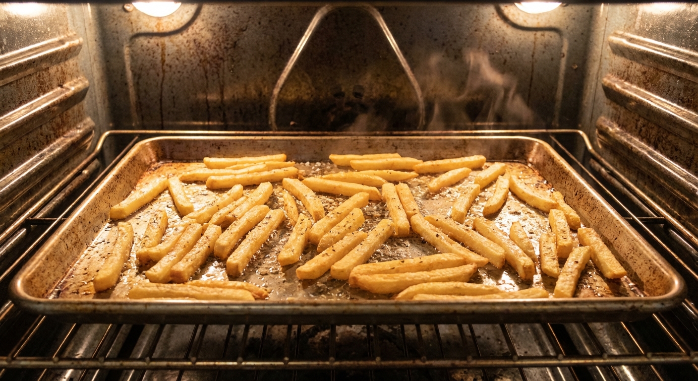 A single layer of french fries spread out on a hot sheet pan in an oven