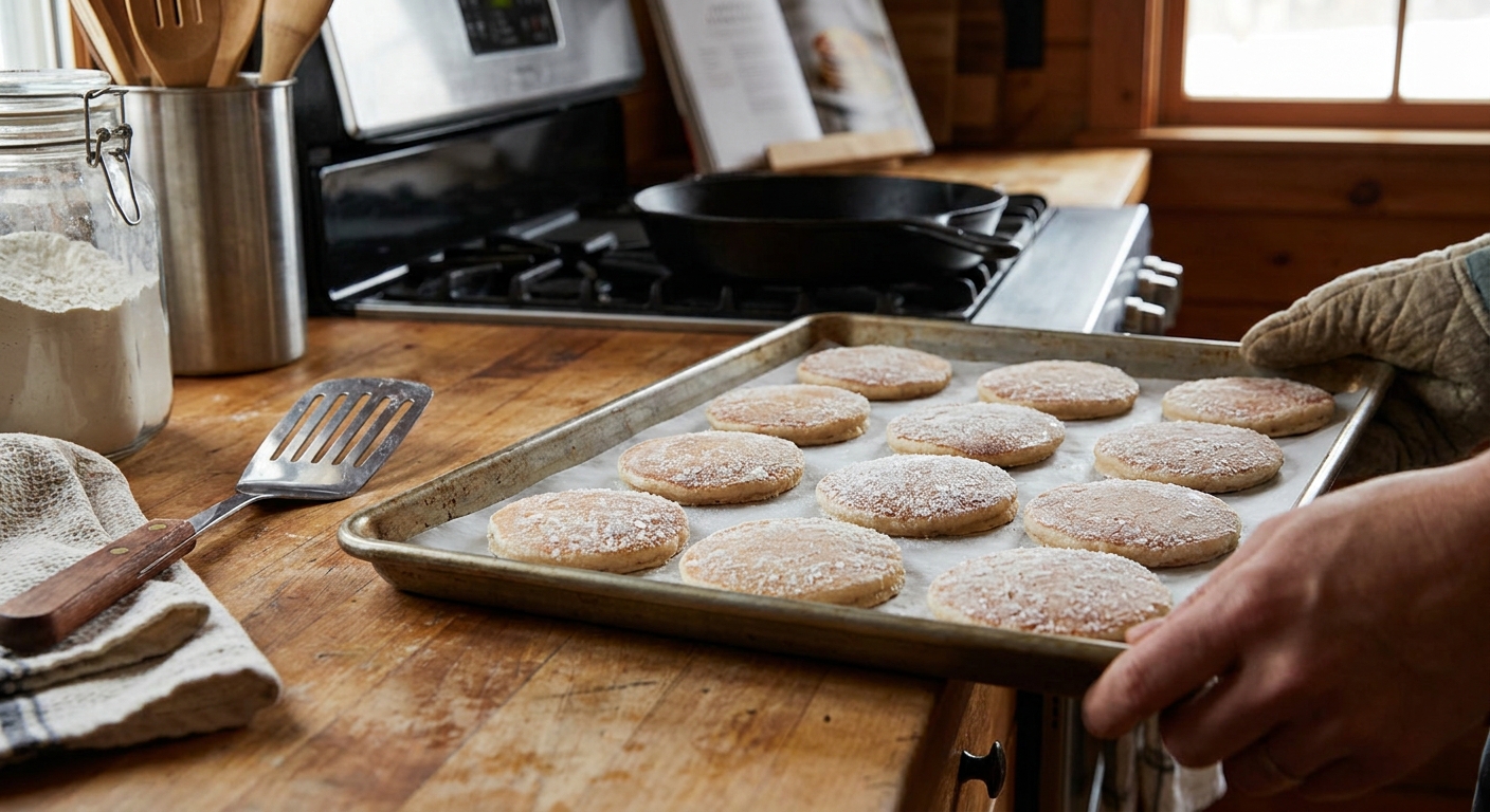 A single layer of pancakes frozen on a parchment lined baking sheet on a kitchen counter