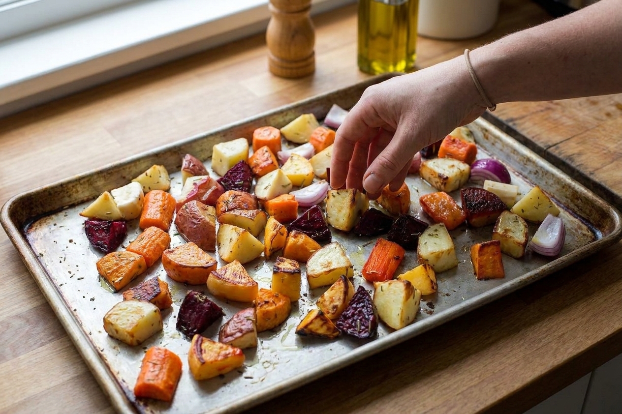 A single layer of seasoned chopped root vegetables spread out on a rimmed baking sheet before roasting in a home kitchen