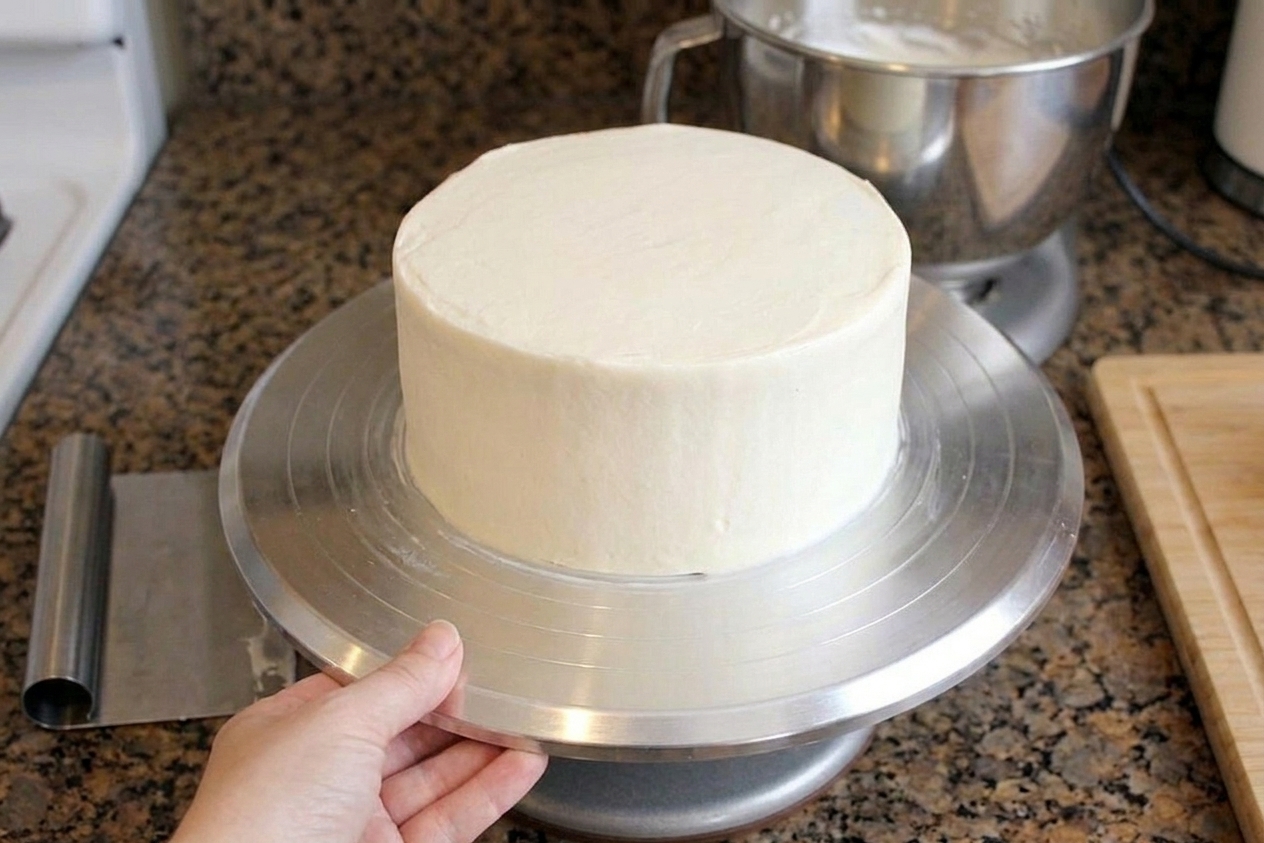 A single-layer vanilla cake on a cake stand, smoothly frosted with pale Italian buttercream in a bright home kitchen
