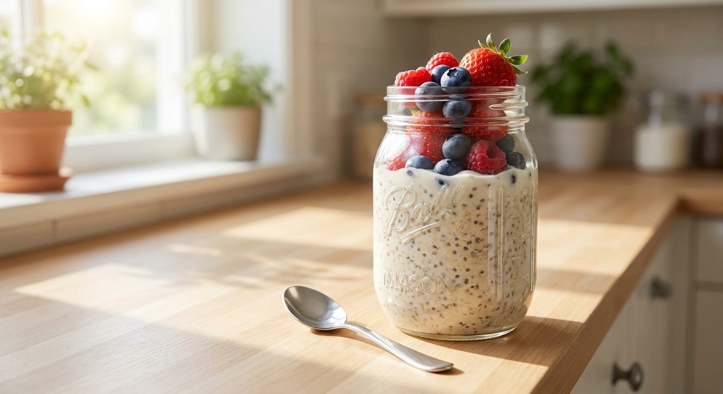 A single mason jar filled with creamy high-protein overnight oats topped with fresh berries and a spoon resting nearby on a bright kitchen counter, natural morning light