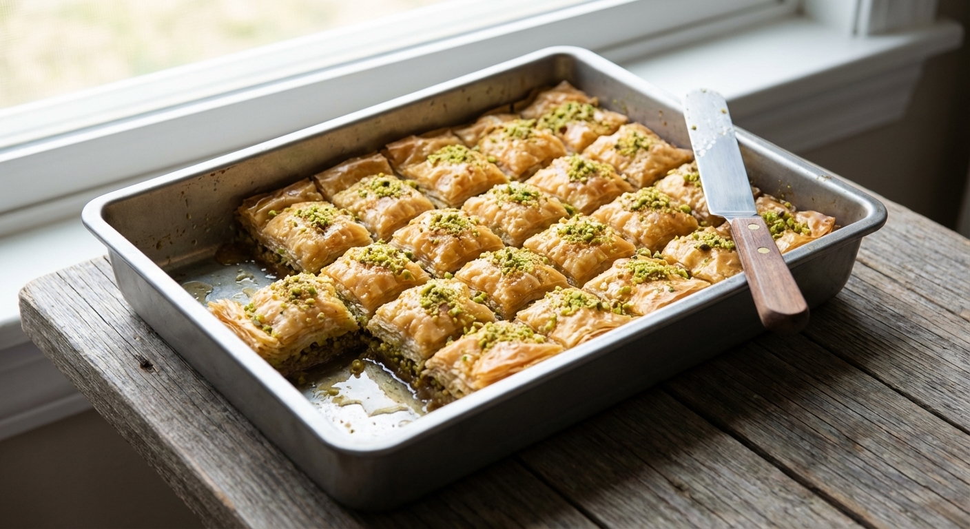 A single metal baking pan filled with diamond cut pistachio baklava, golden brown and glossy from syrup, shot in natural window light with a small offset spatula resting on the edge of the pan, photorealistic food photography
