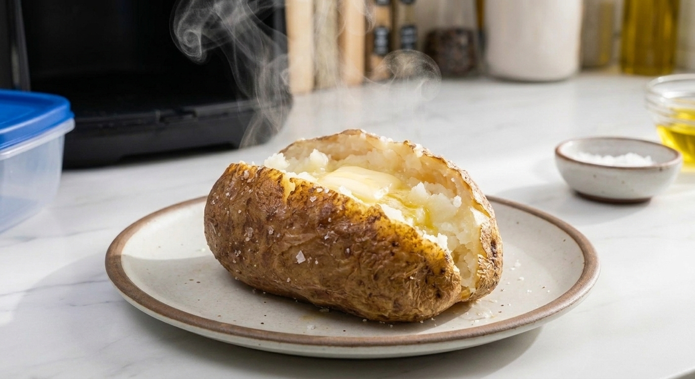 A single oven baked russet potato split open on a plate with crisp, salted skin and a fluffy steaming center, butter melting into the top