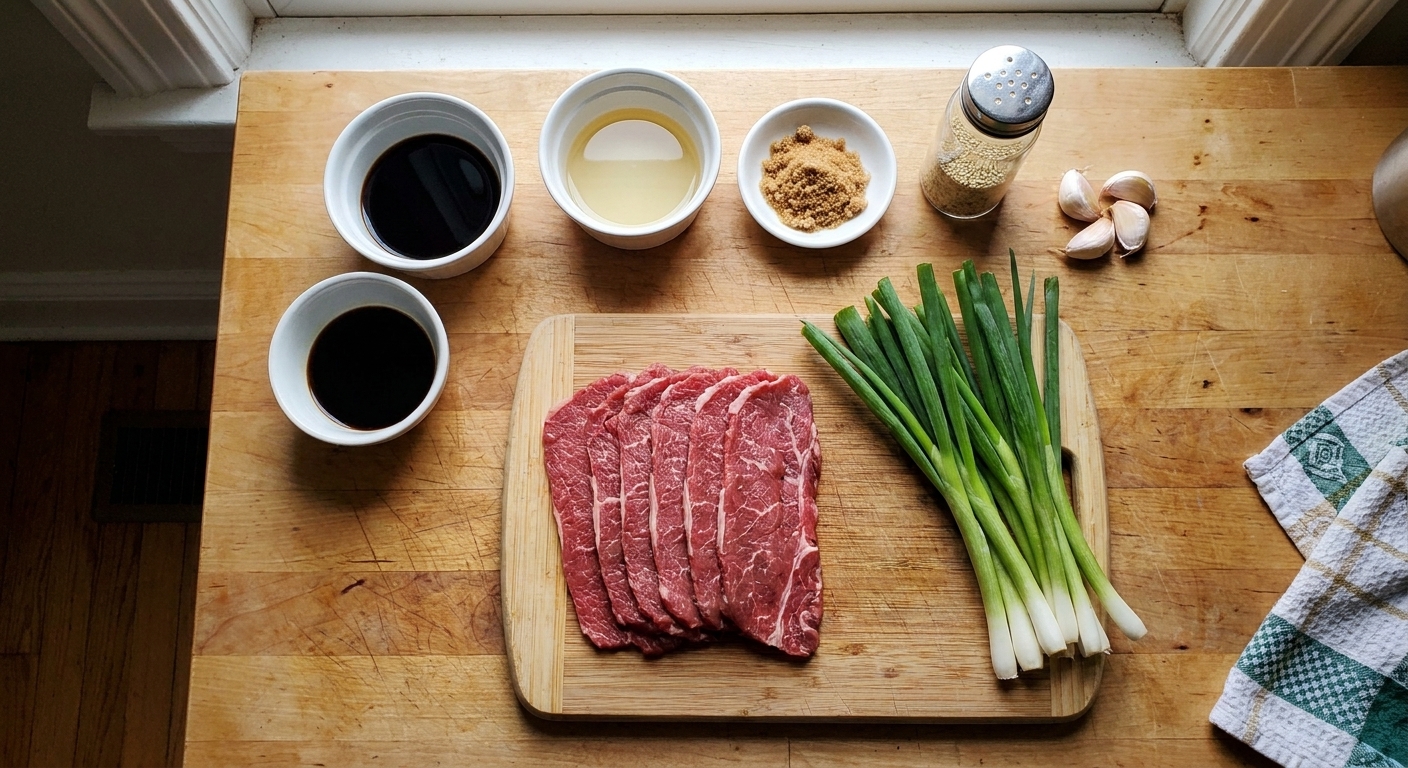 A single overhead photograph of the ingredients for beef negimaki on a kitchen counter: thin-sliced beef, scallions, soy sauce, mirin, brown sugar, sesame seeds, and garlic
