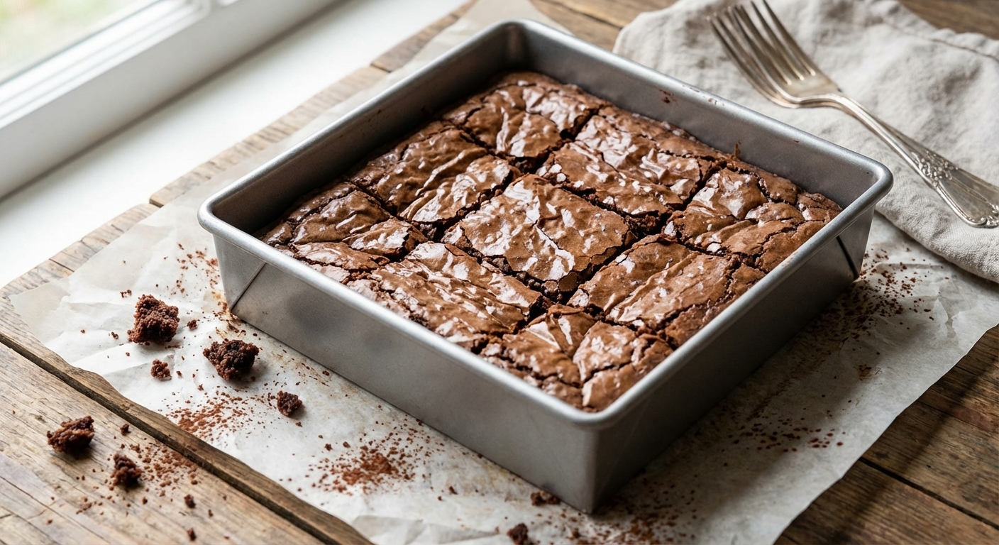 A single pan of fudgy sourdough discard brownies cut into neat squares, with a shiny crackly top and a few crumbs on parchment paper, natural window light, photorealistic food photography