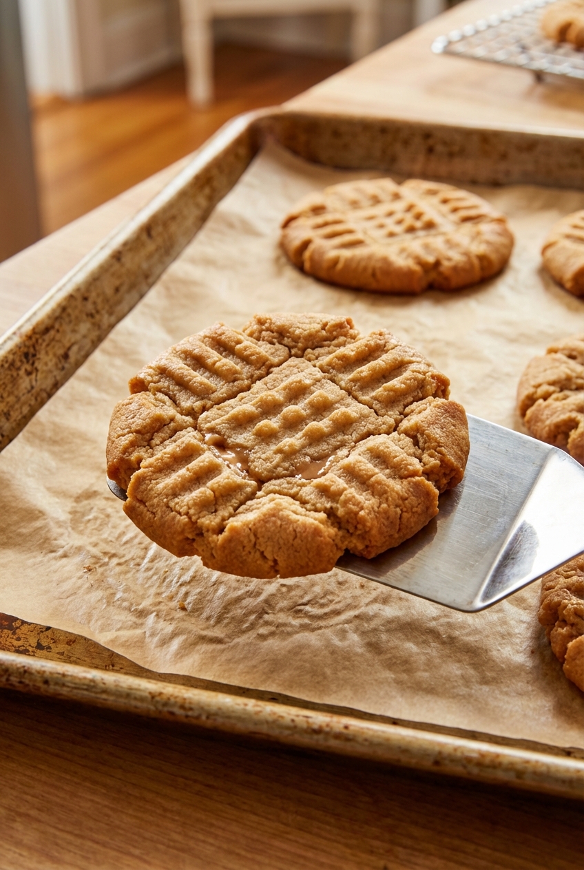 A single peanut butter cookie being lifted with a spatula from a parchment-lined baking sheet, showing golden-brown edges and a soft center