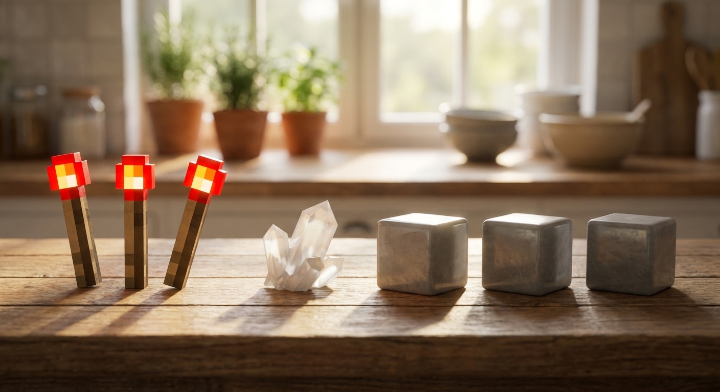 A single photo of Minecraft-inspired crafting ingredients arranged on a kitchen counter: three redstone torches, a piece of nether quartz, and three smooth stone blocks, evenly spaced in warm natural light