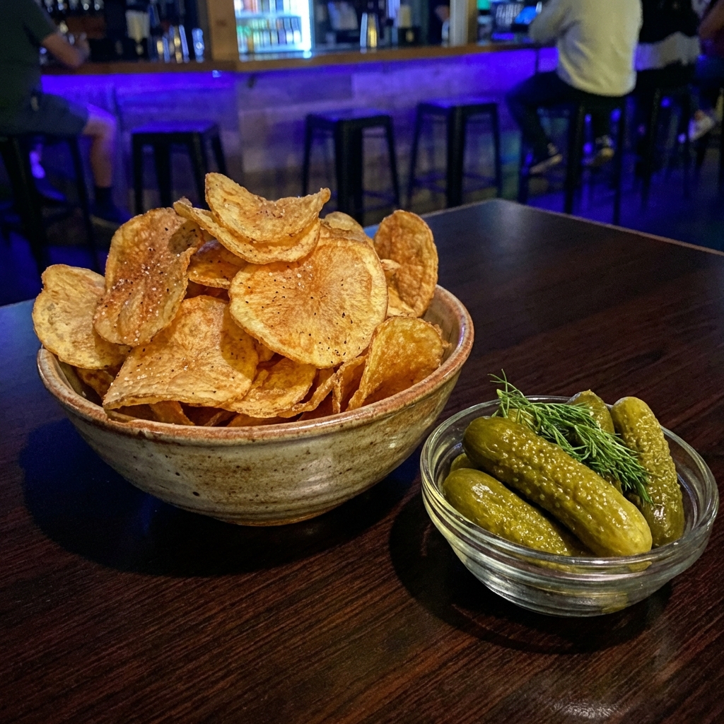 A single photograph of a bowl of kettle-cooked potato chips next to a small pile of dill pickles