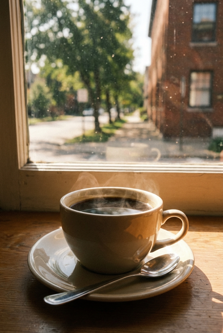 A single photograph of a cup of black coffee on a saucer near a window