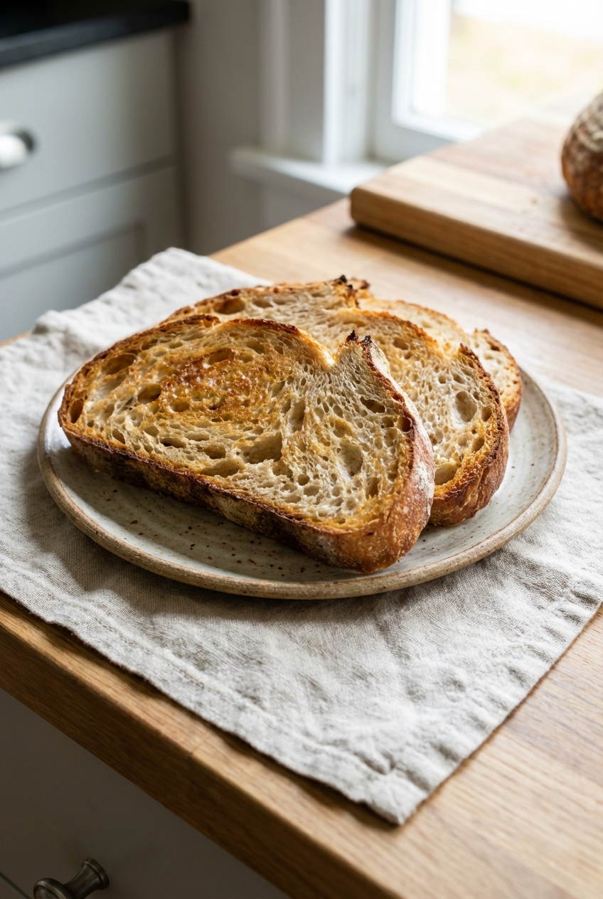 A single photograph of a plate of thick sliced toasted sourdough bread on a linen towel