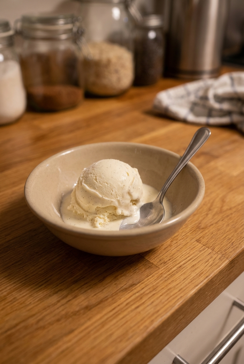 A single photograph of a scoop of vanilla ice cream in a small bowl with a spoon