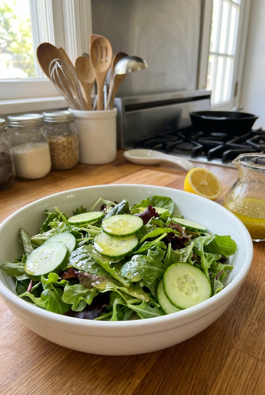 A single photograph of a simple green salad with cucumbers and lemon vinaigrette in a white bowl