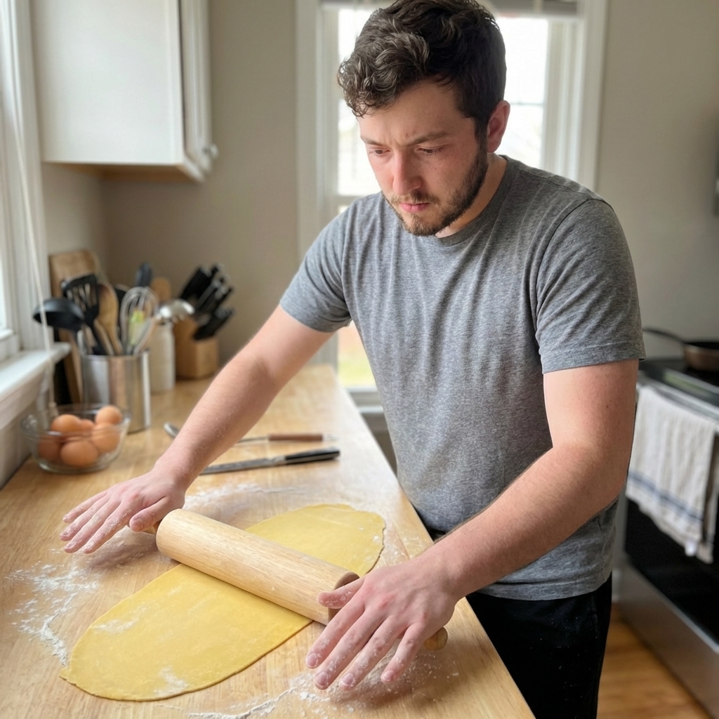 A single photograph of a thin sheet of pasta dough being rolled with a wooden rolling pin on a lightly floured countertop