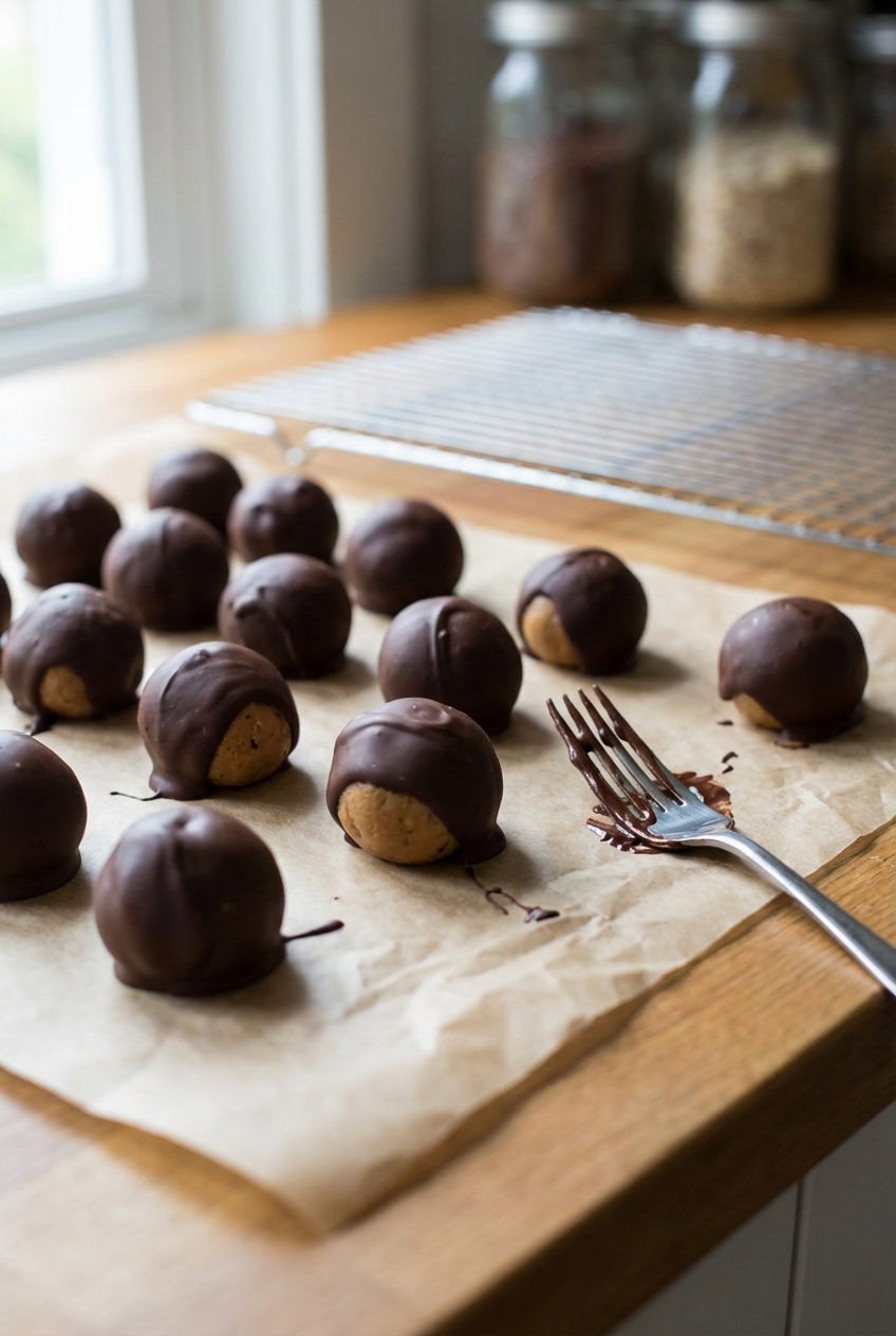 A single photograph of chocolate-dipped peanut butter balls cooling on parchment paper with a fork nearby