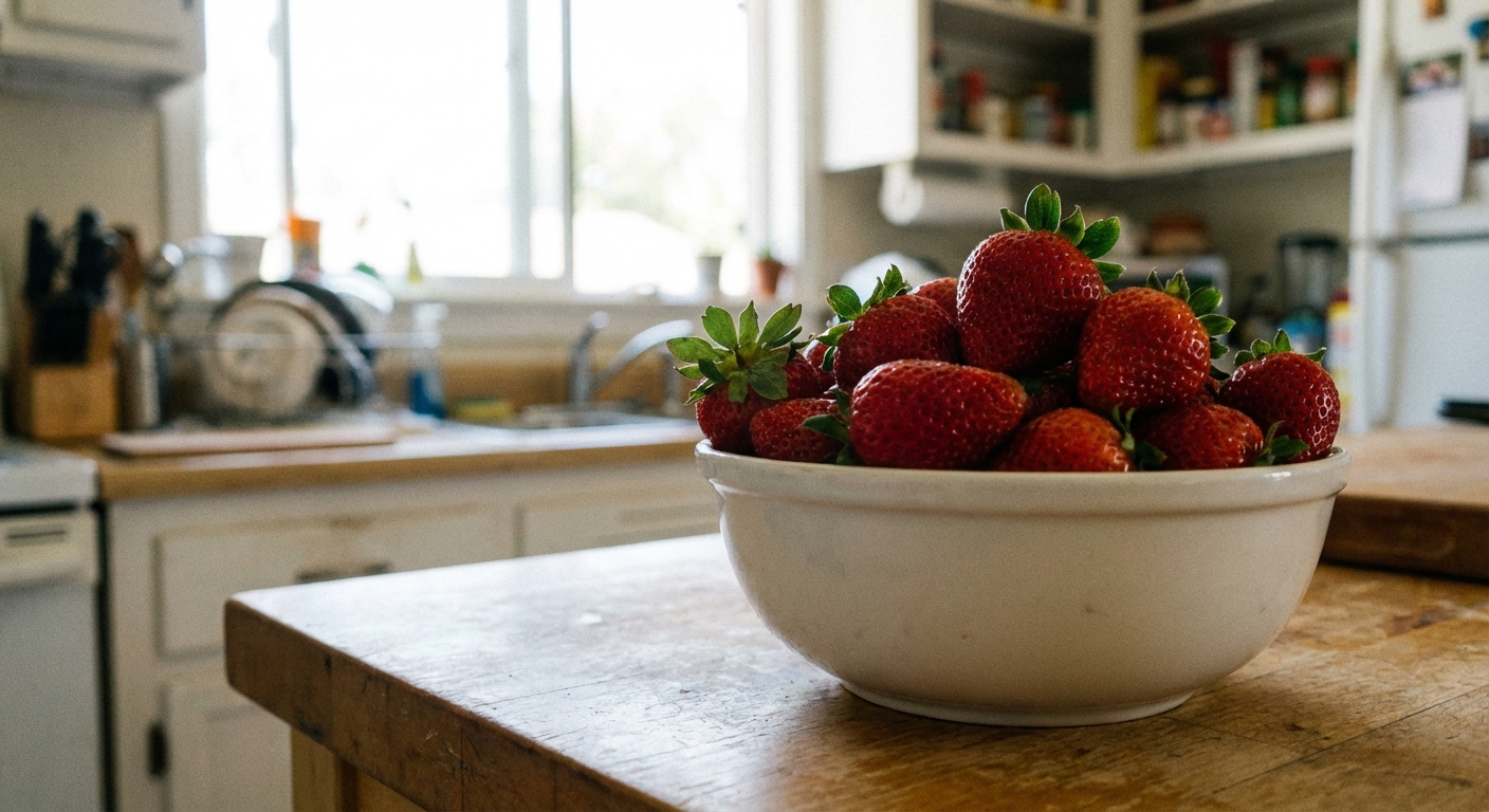 A single photograph of fresh strawberries in a white bowl