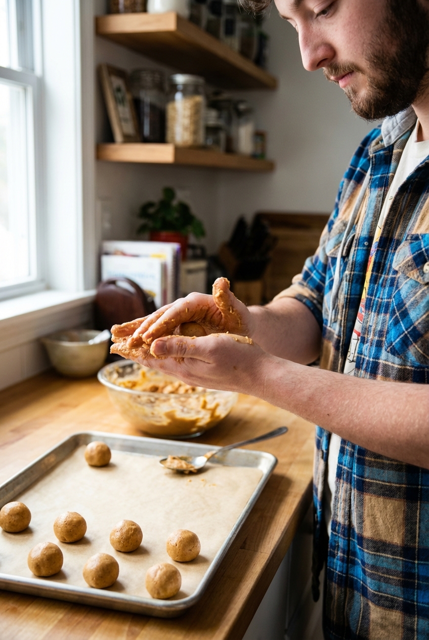 A single photograph of hands rolling peanut butter mixture into small balls over a parchment-lined tray