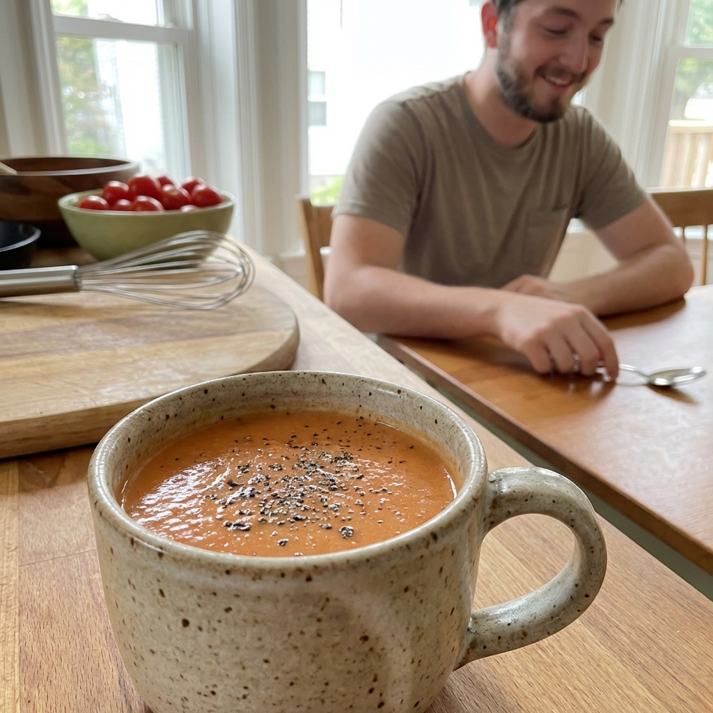 A single photograph of tomato soup in a mug with black pepper on top