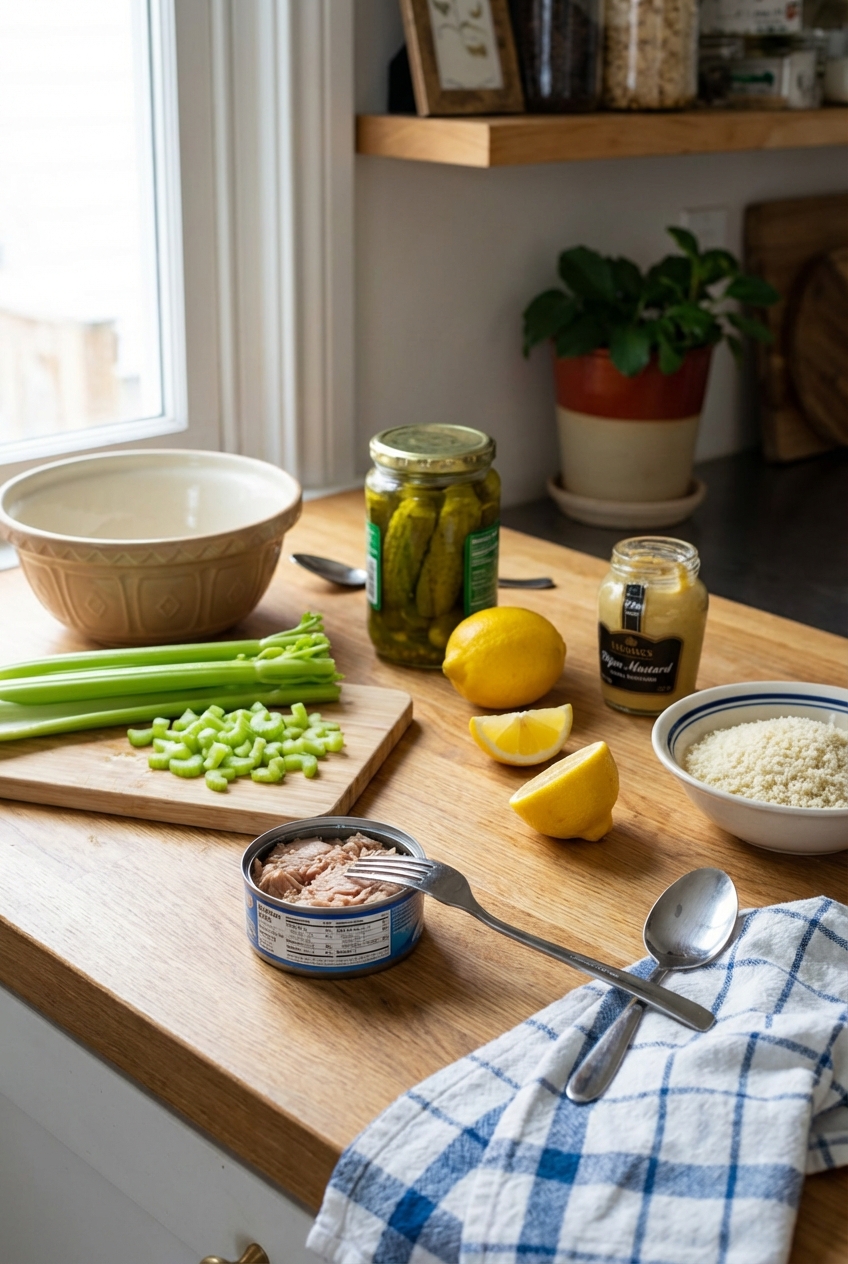 A single photograph of tuna salad ingredients on a counter including canned tuna, celery, pickles, lemon, Dijon, and panko