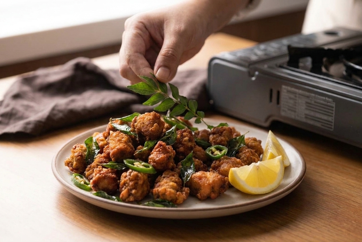 A single plate of crispy Chicken 65 garnished with curry leaves and sliced green chiles, served with lemon wedges on a simple dinner table