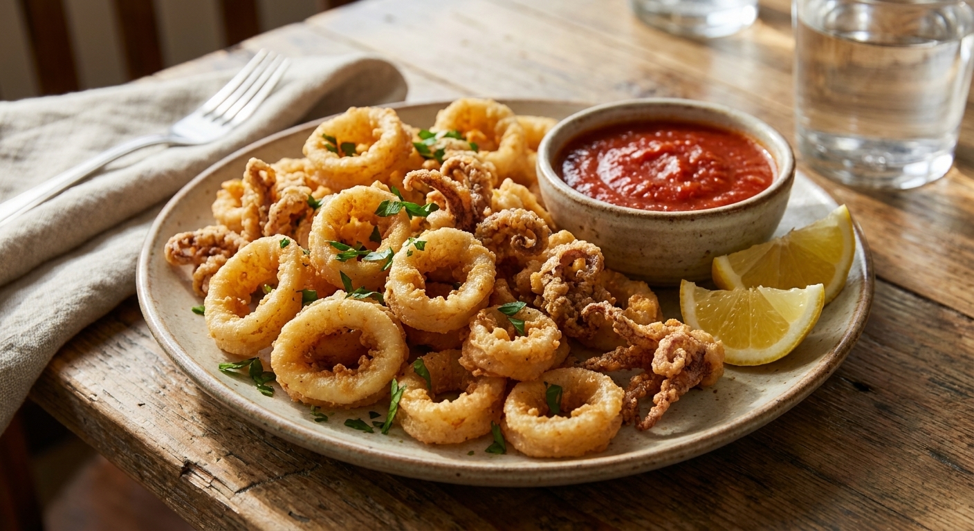 A single plate of golden crispy fried calamari rings and tentacles with a small bowl of marinara sauce for dipping, lemon wedges, and chopped parsley, natural window light, restaurant-style photography