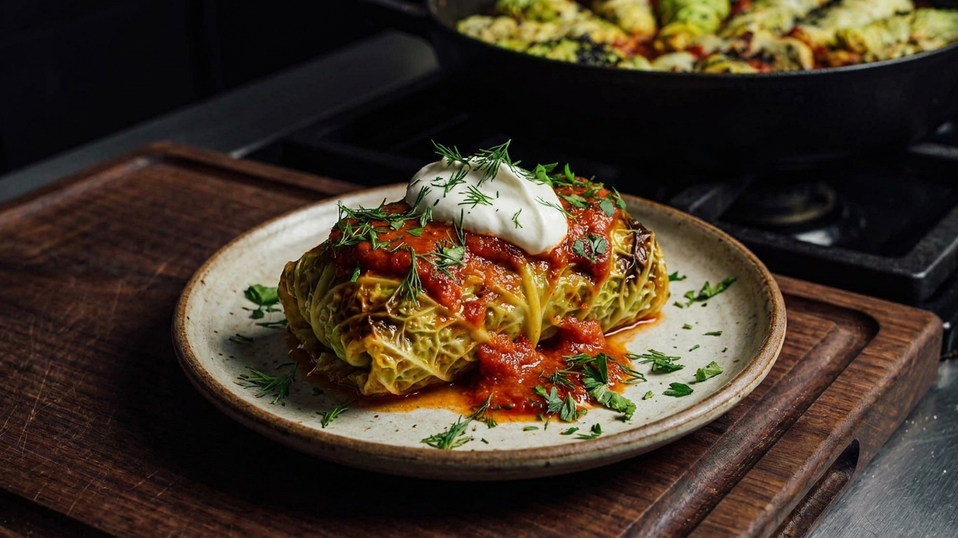 A single plated Polish cabbage roll topped with tomato sauce and a dollop of sour cream, with herbs scattered on the plate
