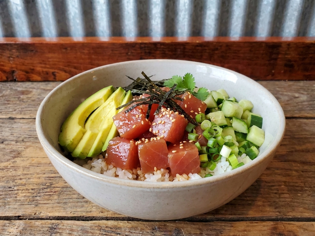 A single plated tuna poke bowl with glossy marinated tuna cubes over sushi rice, topped with cucumber, avocado, scallions, sesame seeds, and nori on a light stoneware bowl on a bright kitchen table