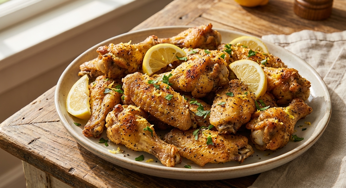 A single platter piled high with crispy lemon pepper chicken wings, golden brown with speckled black pepper and lemon zest, garnished with fresh lemon wedges and chopped parsley on a rustic wooden table under warm natural light