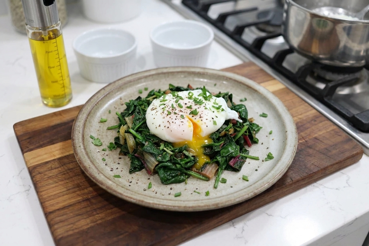A single poached egg plated on sautéed greens with cracked black pepper and chopped herbs on a stoneware plate
