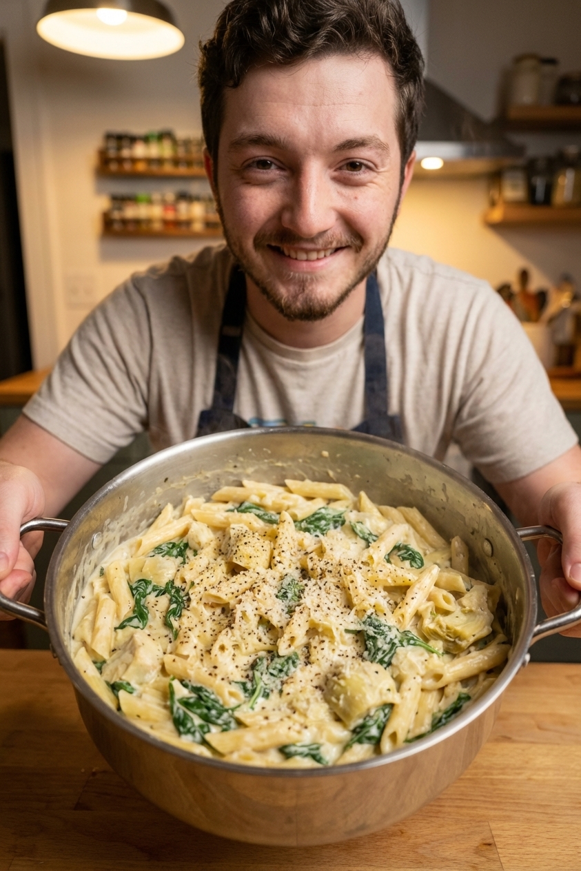 A single pot of creamy spinach artichoke pasta with penne coated in a glossy parmesan cream sauce, wilted spinach and chopped artichoke hearts throughout, finished with cracked black pepper and extra grated parmesan, warm kitchen lighting, photorealistic